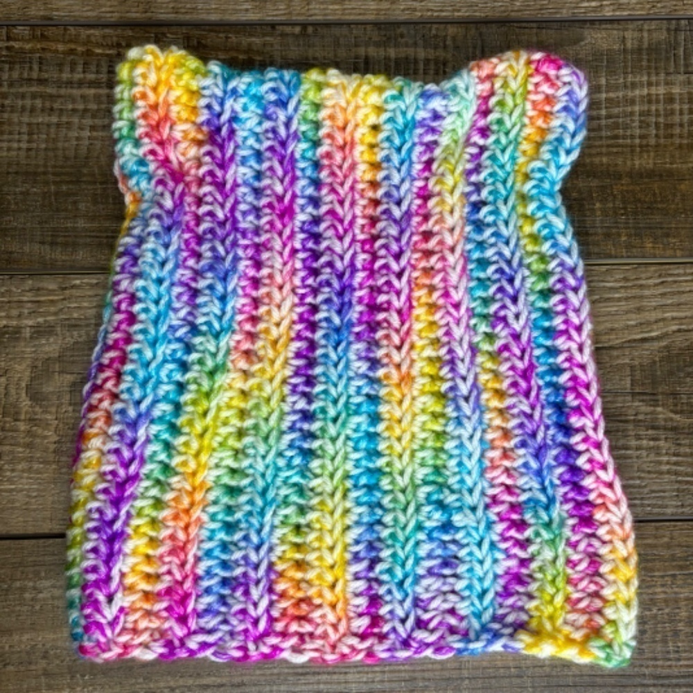 Handcrafted Crochet Winter Hat Rainbow Ice Yarn White Big Twist Cat Ear Ribbed - Picture 9 of 14